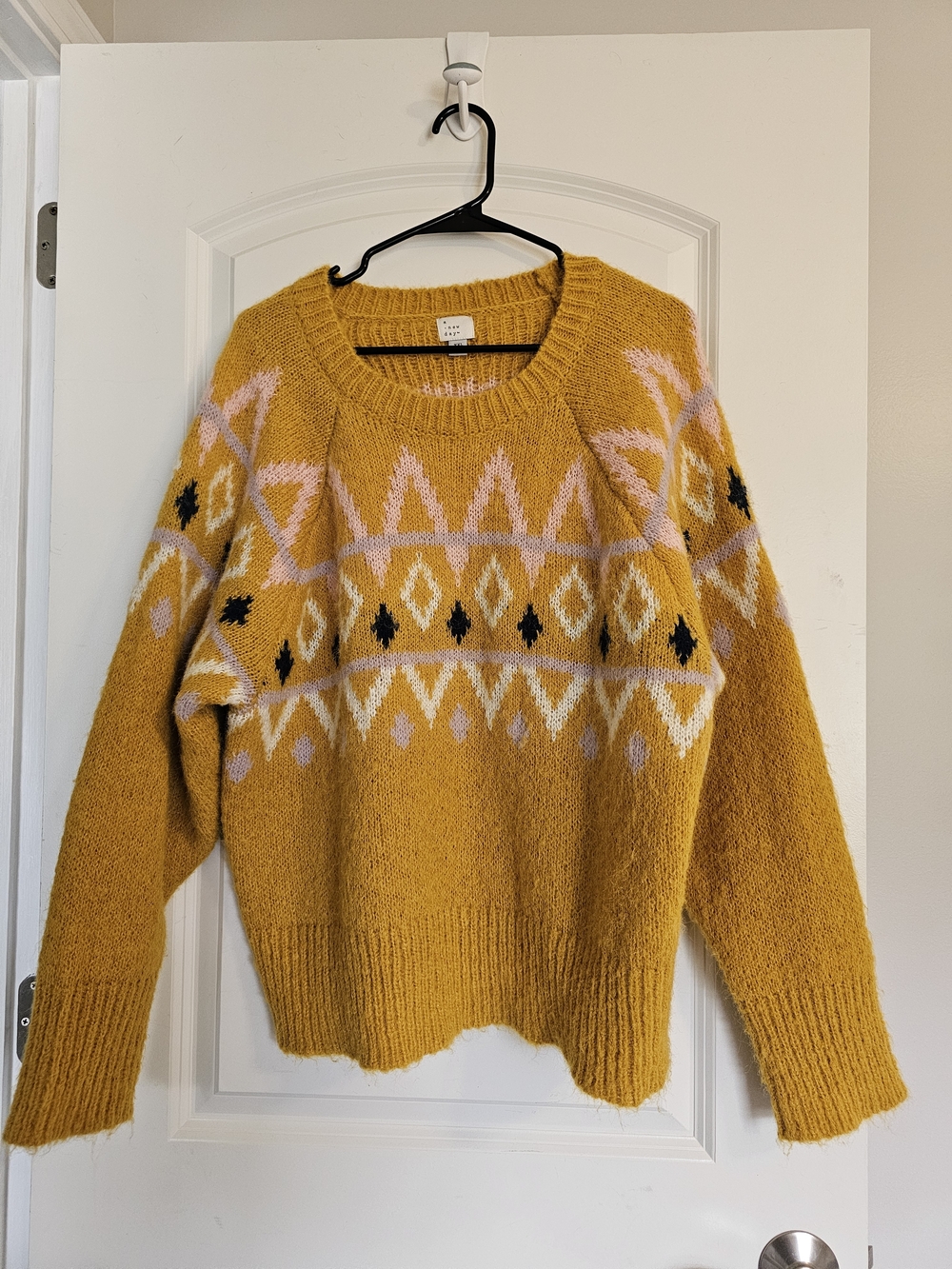 a new day Mustard Crewneck Sweater with Pink & Navy Fair Isle
